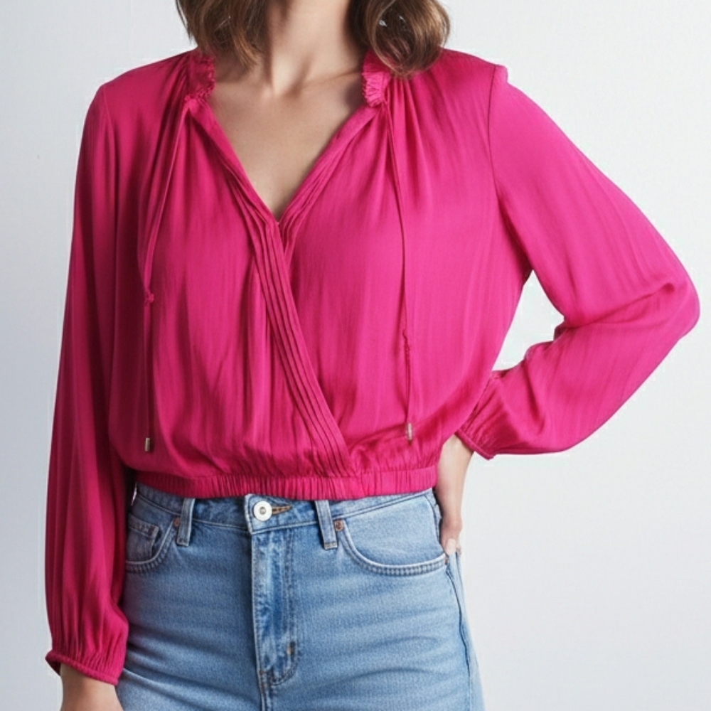 Rachel Roy Mock Wrap Long Sleeve Hot Pink Blouse Top